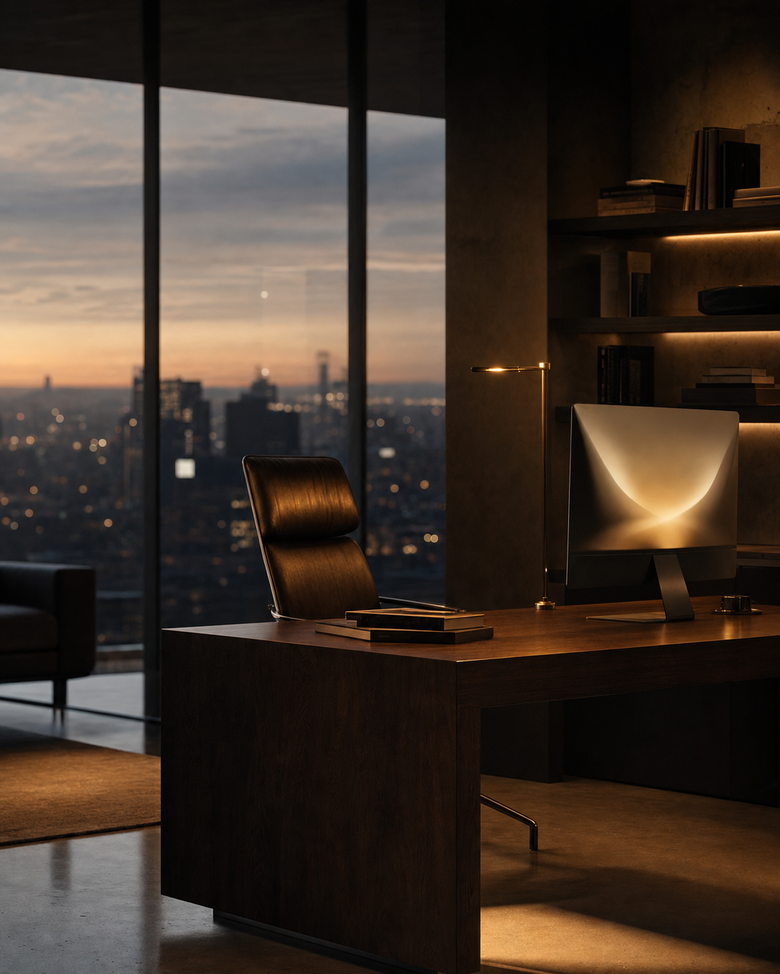 Cinematic view of the Elyvora Labs design studio at dusk
