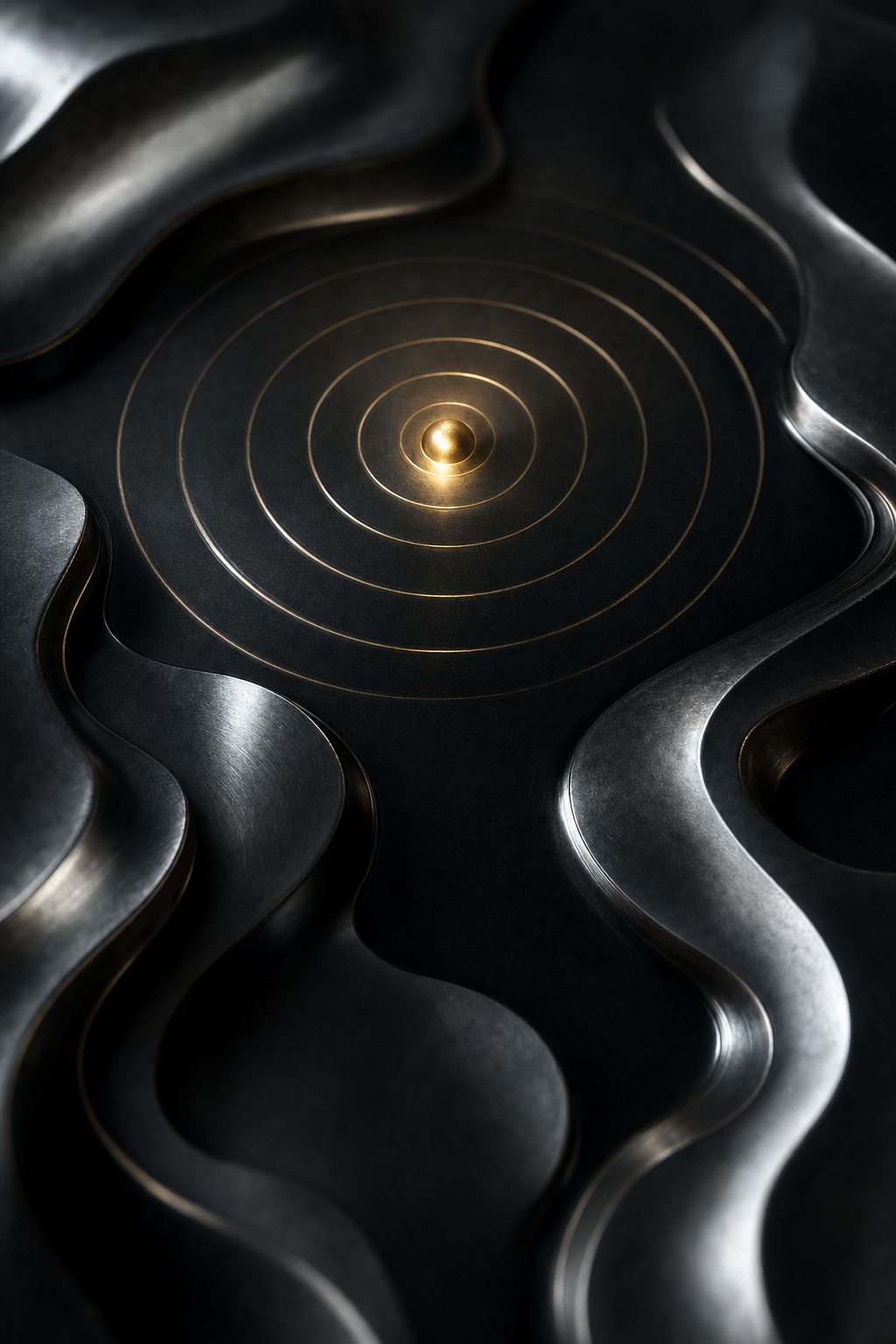 A luminous gold point emerging from polished graphite with concentric rings, representing being found first in local search